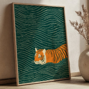 Tijger Zwemt Door Groene Golven Zen Wandkunst Poster