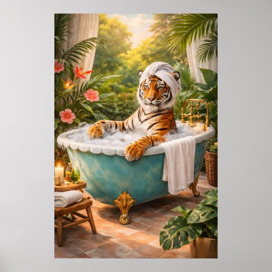 Tijgerbadposter, Grappige Jungle Spa Print (Voorkant)