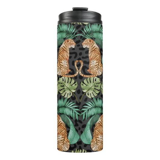 Tijgerbladeren: Waterverf Oerwoud naadloos. Thermosbeker (Voorkant)