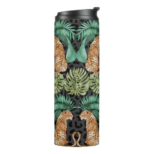 Tijgerbladeren: Waterverf Oerwoud naadloos. Thermosbeker (Gedraaid links)