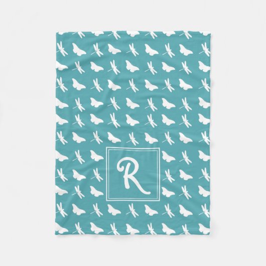 Tijgerblauw Vlinder en Libel Patroon Monogram Fleece Deken (Voorkant)