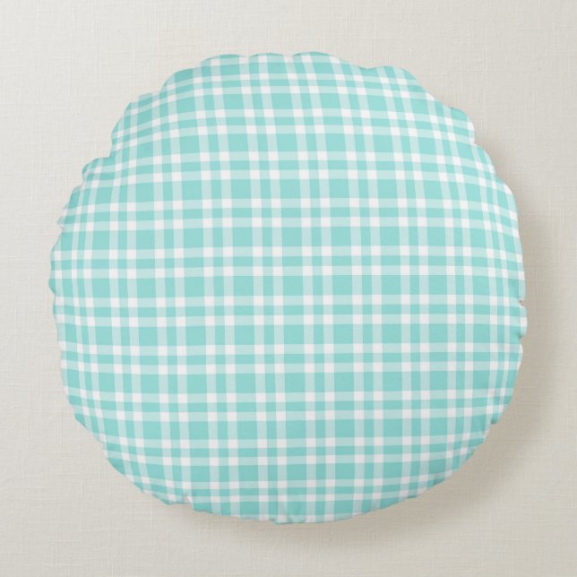 Tijgerblauw Witte Geruite Patroon Rond Kussen (Voorkant)