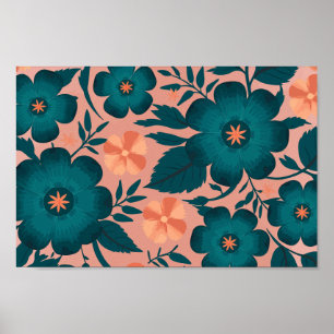 Tijgerblauwe en perzikbloemen op een zachte roze a poster