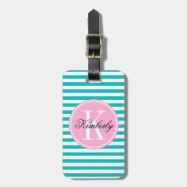 Tijgerblauwe Strepen met Bubblegum Roze Monogram Bagagelabel