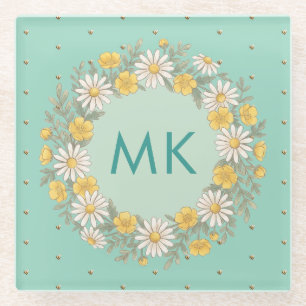 Tijgerbloem Kader Bij Patroon Monogram Teal Glazen Onderzetter