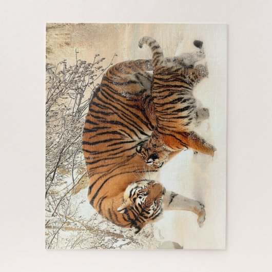 Tijgerfamilie in het winterlandschap Jigzaag Puzzl Legpuzzel (Verticaal)