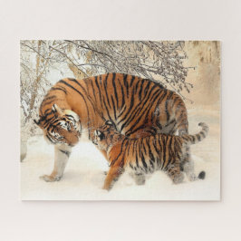 Tijgerfamilie in het winterlandschap Jigzaag Puzzl Legpuzzel