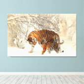 Tijgerfamilie in winterlandschapsschilderafdrukken canvas afdruk (Insitu (Houten vloer))