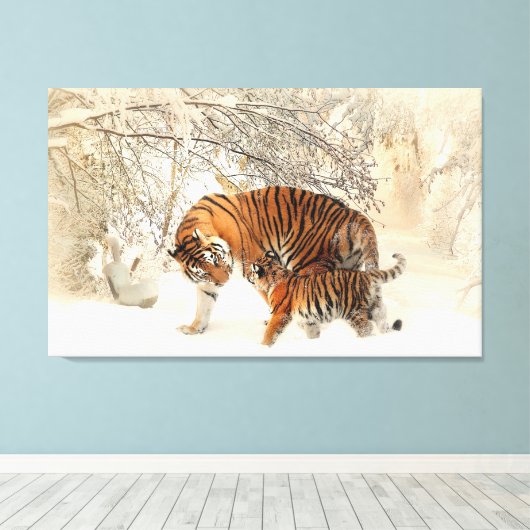 Tijgerfamilie in winterlandschapsschilderafdrukken canvas afdruk (Insitu (Houten vloer))