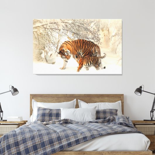 Tijgerfamilie in winterlandschapsschilderafdrukken canvas afdruk (Insitu (Slaapkamer))
