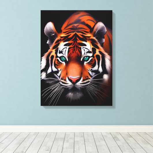 Tijgergezicht in een donkere close-up canvas afdruk (Insitu (Houten vloer))