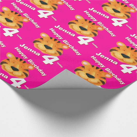 Tijgergezichtskunst en naam van vierde verjaardags cadeaupapier (Hoek)