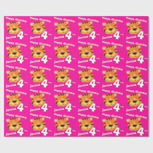 Tijgergezichtskunst en naam van vierde verjaardags cadeaupapier (Vlak)