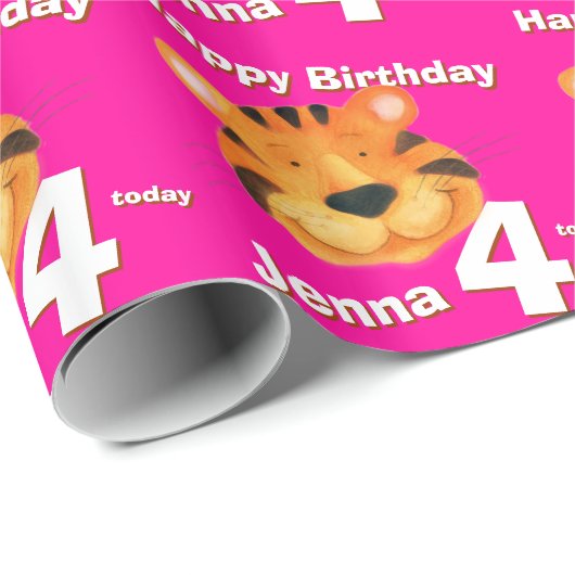 Tijgergezichtskunst en naam van vierde verjaardags cadeaupapier (Rol Hoek)