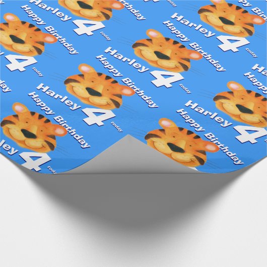 Tijgergezichtskunst en noem blauw vierde verjaarda cadeaupapier (Hoek)