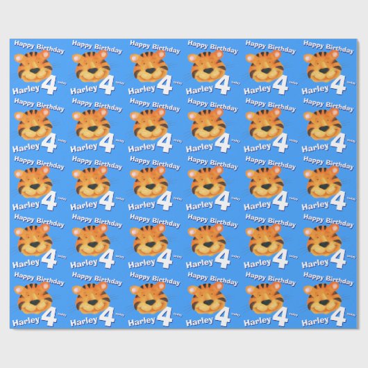 Tijgergezichtskunst en noem blauw vierde verjaarda cadeaupapier (Vlak)
