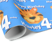 Tijgergezichtskunst en noem blauw vierde verjaarda cadeaupapier (Rol Hoek)