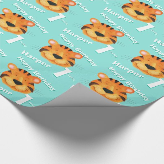 Tijgergezichtskunst naam eerste verjaardag cadeaupapier (Hoek)