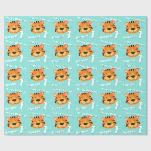 Tijgergezichtskunst naam eerste verjaardag cadeaupapier (Vlak)