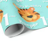 Tijgergezichtskunst naam eerste verjaardag cadeaupapier (Rol Hoek)