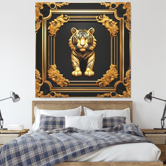 Tijgergoud en zwart sierlijk lijst canvas afdruk (Insitu (Slaapkamer))