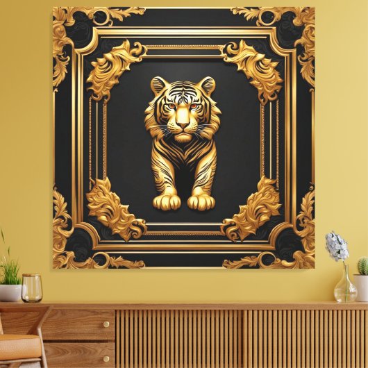 Tijgergoud en zwart sierlijk lijst canvas afdruk (Insitu (Woonkamer))