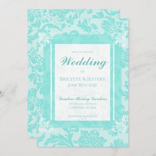 Tijgergroen vintage damask print uitnodiging (Voorkant / Achterkant)