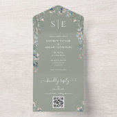 Tijgergroene bloemige monogram QR-code bruiloft All In One Uitnodiging (Binnen)