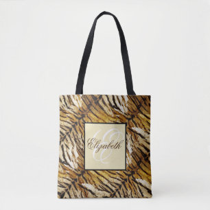 Tijgerhuid, monogram, stijlvol, tijger, gestreept tote bag