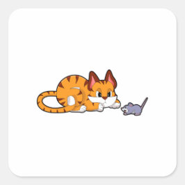 Tijgerkat met muis vierkante sticker