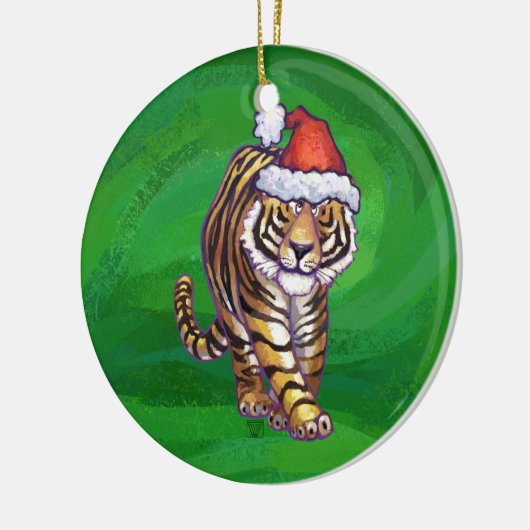TijgerKerstmis op groen Keramisch Ornament (Links)