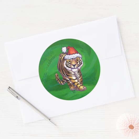 TijgerKerstmis op groen Ronde Sticker (Envelop)