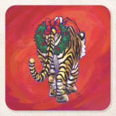 TijgerKerstmis op rood Kartonnen Onderzetters (Voorkant)