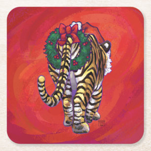 TijgerKerstmis op rood Kartonnen Onderzetters