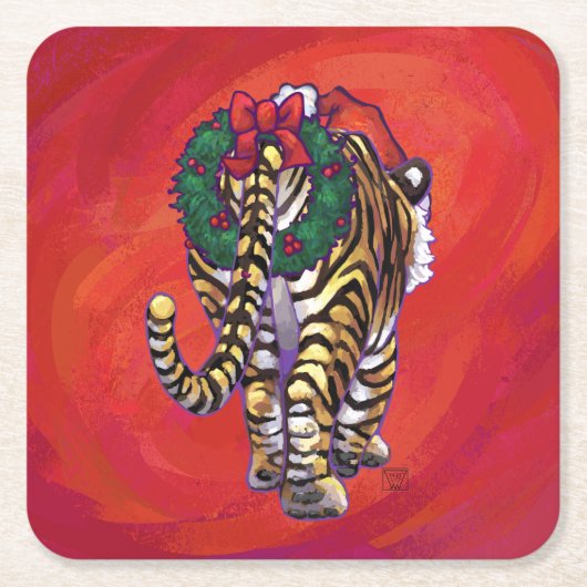 TijgerKerstmis op rood Kartonnen Onderzetters (Voorkant)