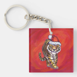 TijgerKerstmis op rood Sleutelhanger