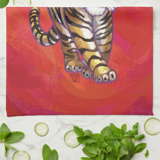 TijgerKerstmis op rood Theedoek (Gevouwen)