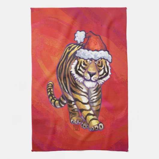 TijgerKerstmis op rood Theedoek (Verticaal)