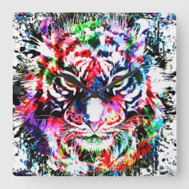 Tijgerklok | Kleurrijke tijgerwandklok Vierkante Klok