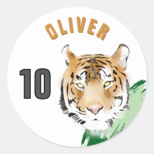 Tijgerkop Aquarel Naam Verjaardag Ronde Sticker