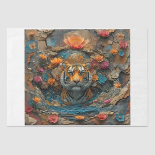 Tijgerkop met bloemen en steencollage tissuepapier (Voorkant)