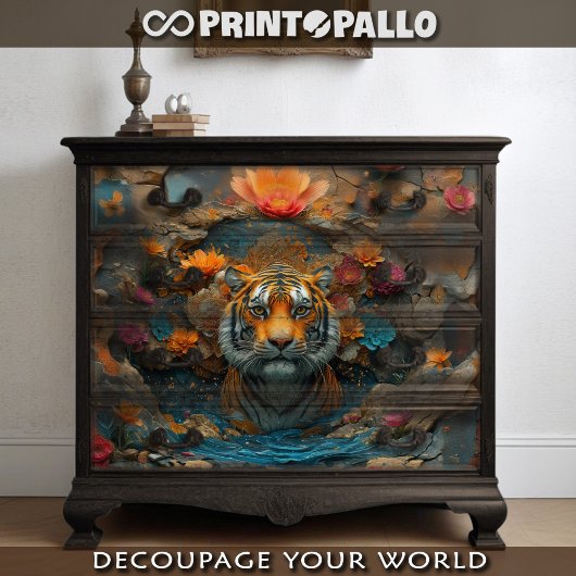 Tijgerkop met bloemen en steencollage tissuepapier