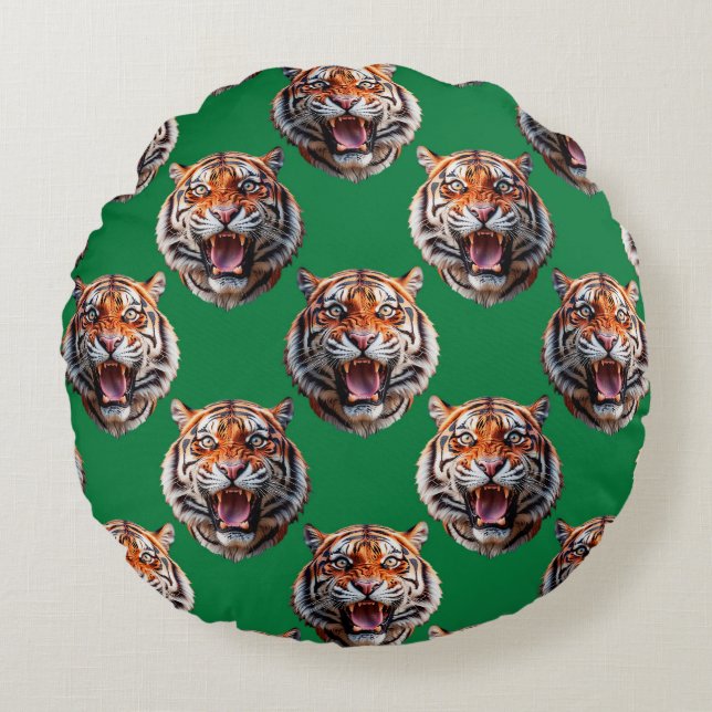 Tijgerkop Patroonontwerp Groen  Rond Kussen (Voorkant)