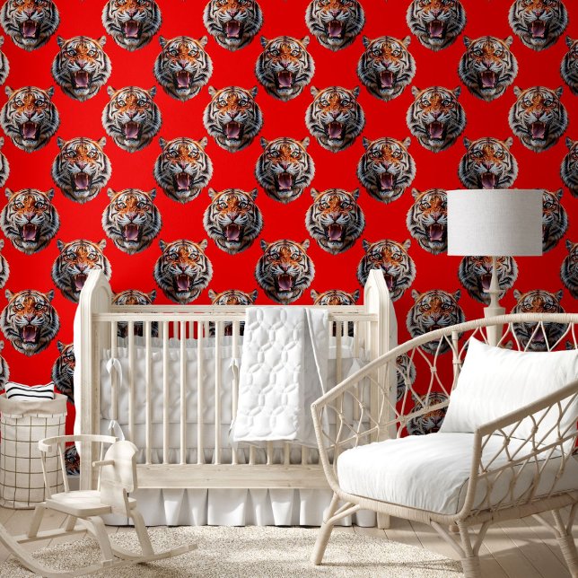 Tijgerkop Patroonontwerp Rood Behang (Creator heeft geüpload)