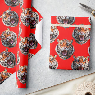Tijgerkop Patroonontwerp Rood Cadeaupapier