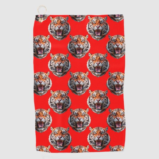 Tijgerkop Patroonontwerp Rood Golfhanddoek (Voorkant)