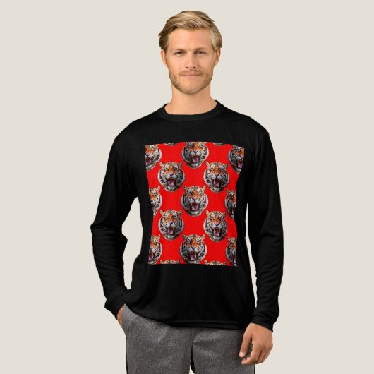 Tijgerkop Patroonontwerp Rood Tri-Blend Shirt (Voorkant)
