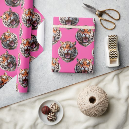 Tijgerkop Patroonontwerp Roze Cadeaupapier (Crafts)