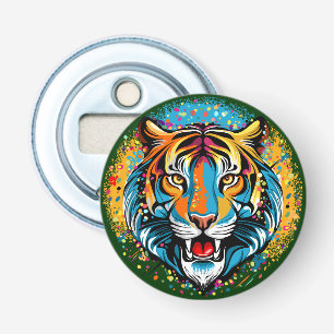 Tijgerkop Regenboog kleuren verf vlekken Button Flesopener