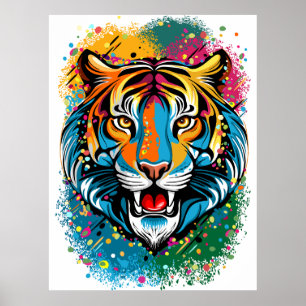 Tijgerkop Regenboog kleuren verf vlekken Poster